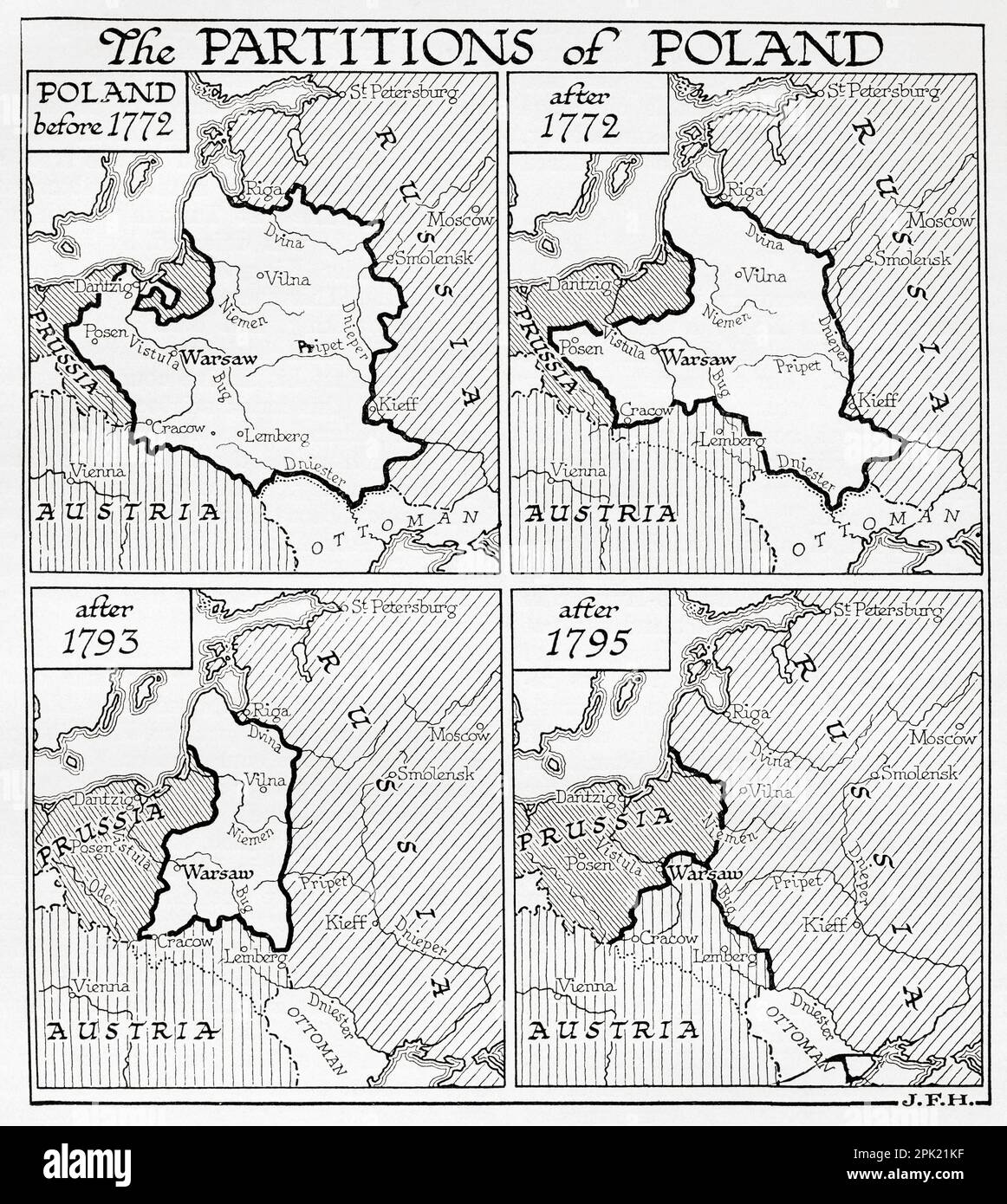 Map showing the partitions of Poland, from top left, Poland before 1772, after 1772, after 1793 and after 1795.  They were three partitions of the Polish–Lithuanian Commonwealth that ended the existence of the state, resulting in the elimination of sovereign Poland and Lithuania for 123 years and were conducted by the Habsburg monarchy, the Kingdom of Prussia, and the Russian Empire.  From the book Outline of History by H.G. Wells, published 1920. Stock Photo