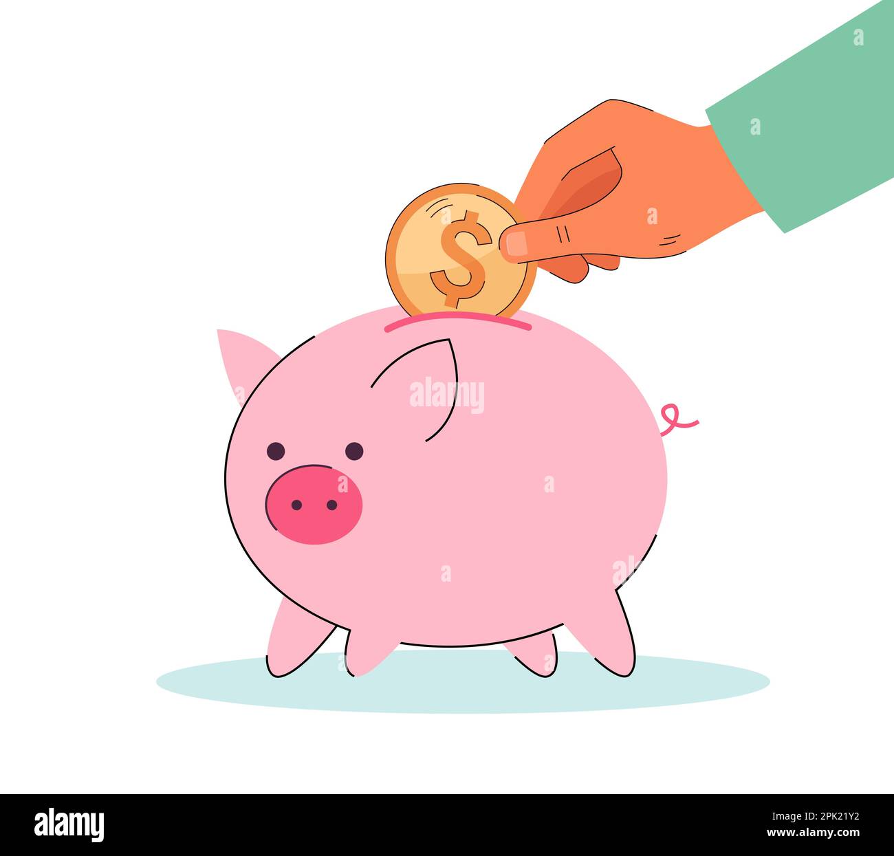 Pig With Coin Getting In Hand putting coin in the moneybox in shape of pig Stock Vector Image ...