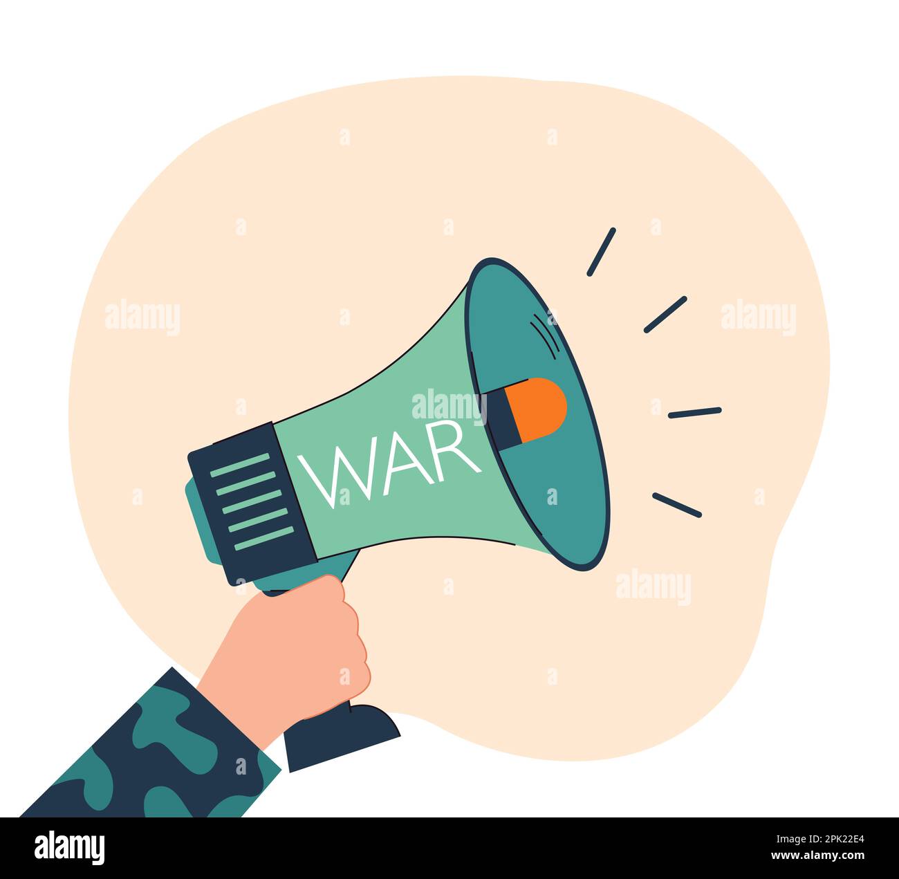 Hand holding megaphone with word war flat vector illustration Stock Vector