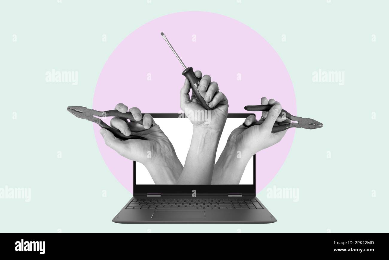 Art collage, hands with tools from a laptop on light background with space for text. The concept of working with different activities. Stock Photo