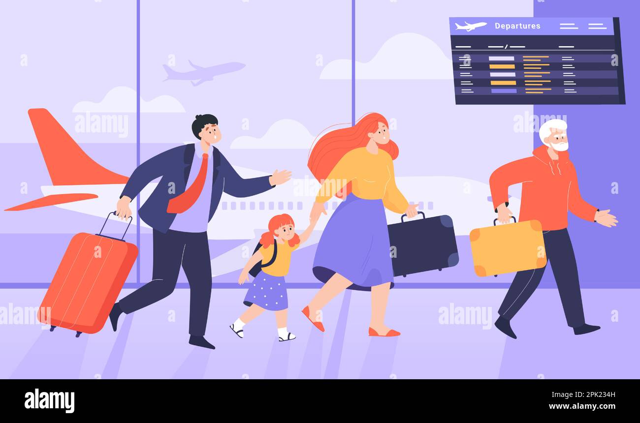 People rushing to take plane flat vector illustration Stock Vector