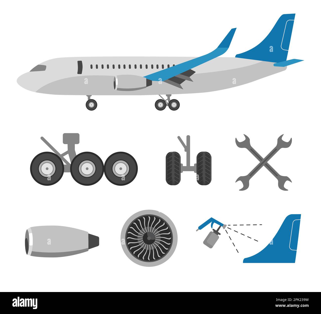 Airplane and different parts flat vector illustrations set Stock Vector