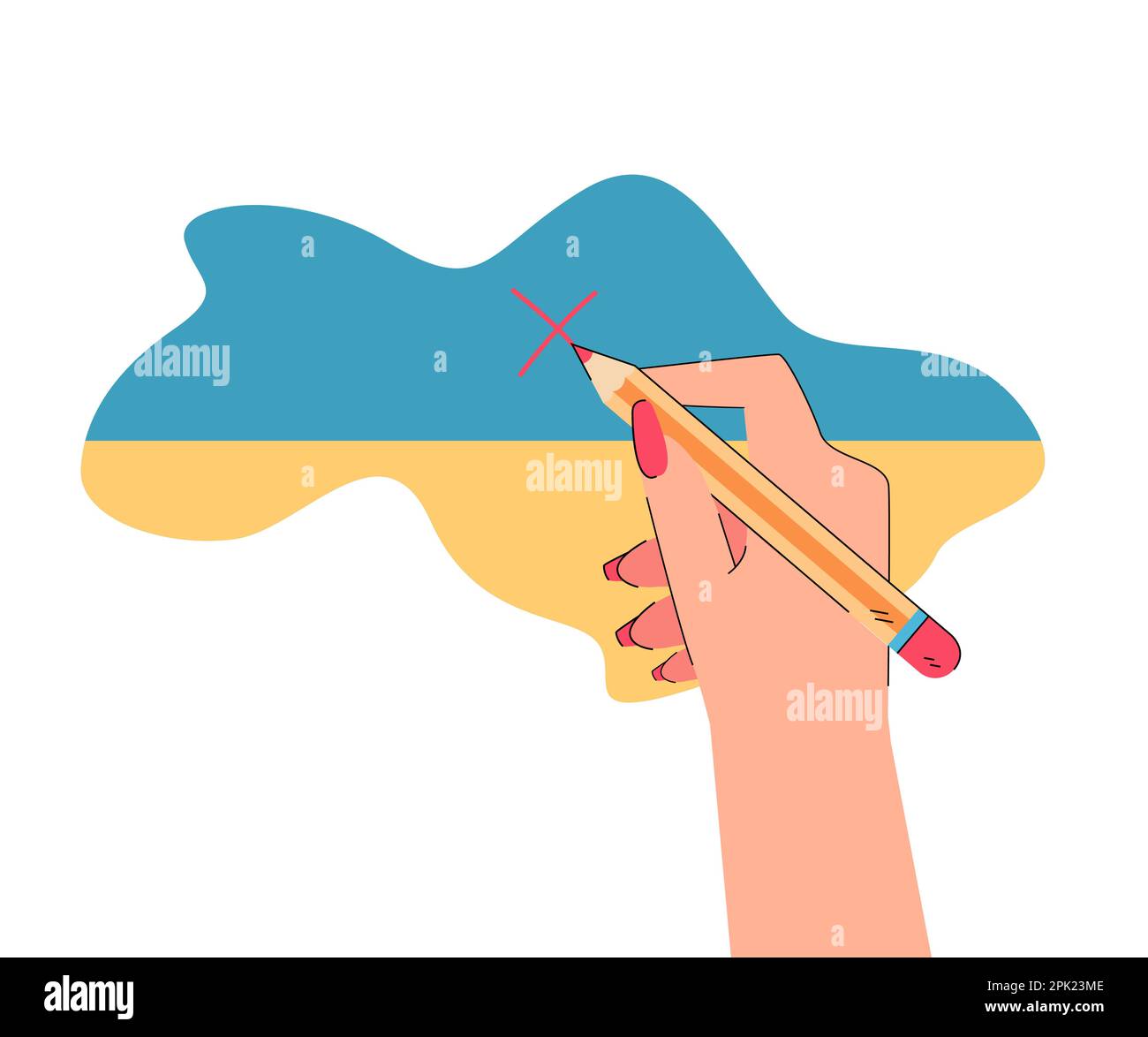 Hand holding pencil and putting cross on territory of Ukraine Stock Vector