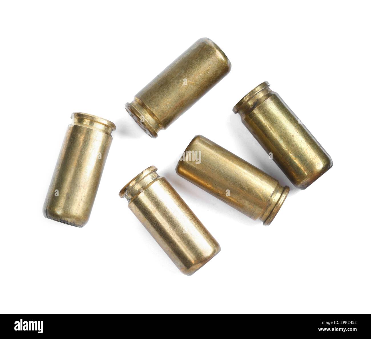 Cartridge cases isolated on white, top view. Firearm ammunition Stock
