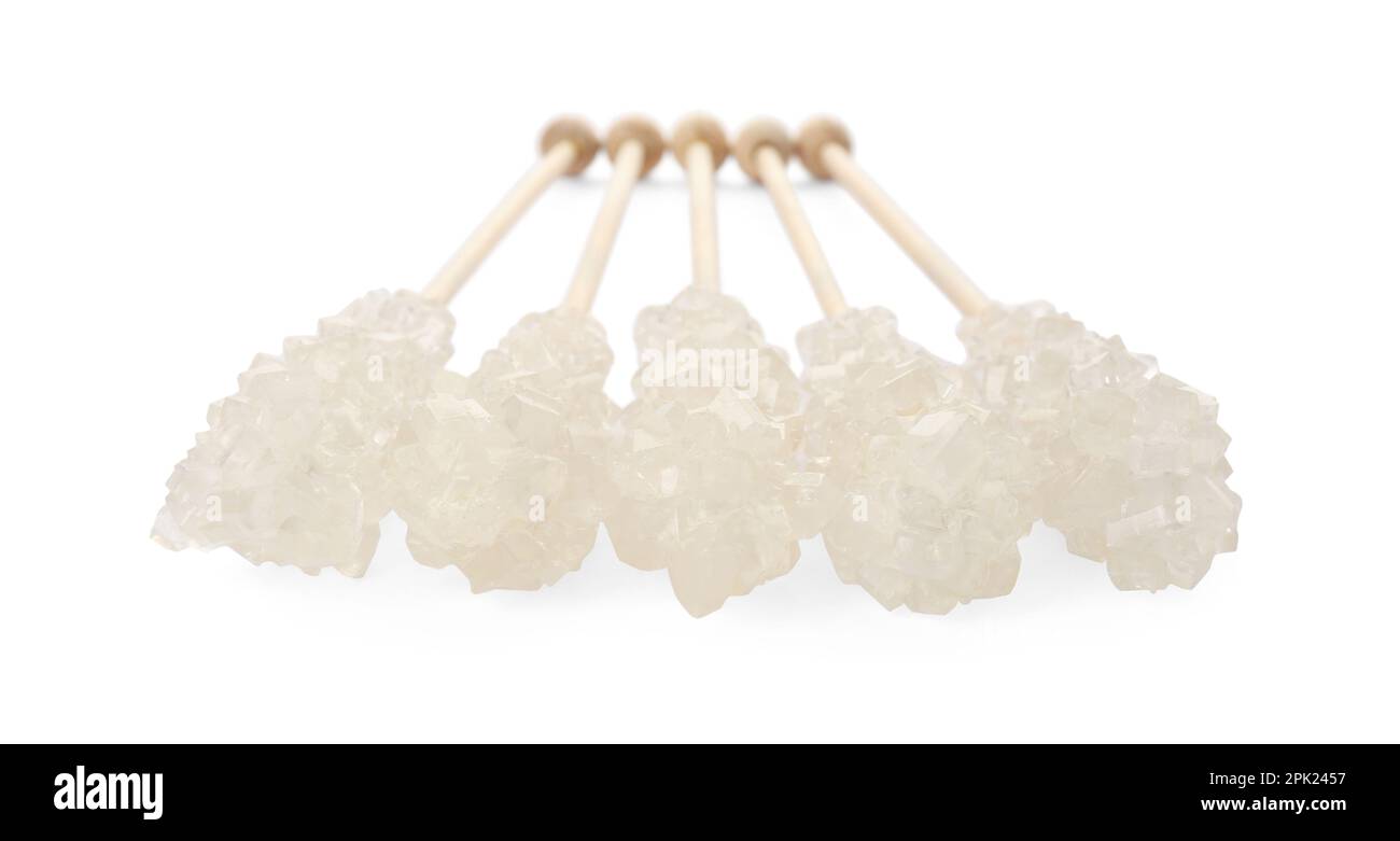 Tsaty Rocks Wooden sticks with sugar crystals isolated on white. Tasty rock candies ...