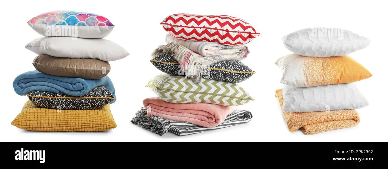 Set with different stylish decorative pillows on white background. Banner design Stock Photo