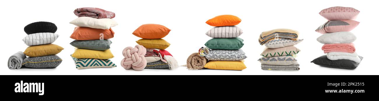 Set with different stylish decorative pillows on white background. Banner design Stock Photo