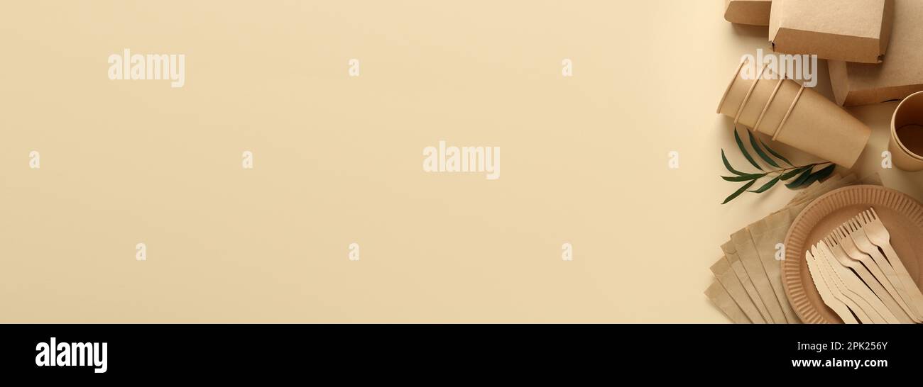 Flat lay composition with eco friendly products on beige background ...