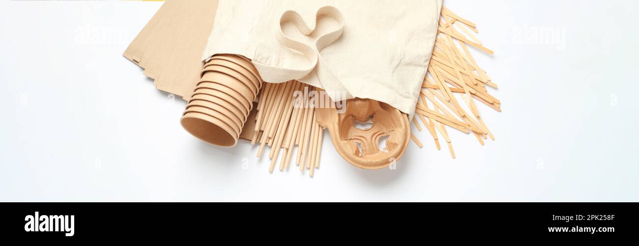 Eco friendly products on white background, flat lay. Banner design ...