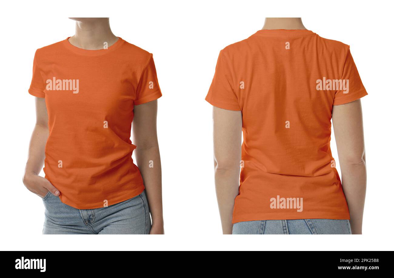 Woman wearing orange tshirt on white background, back and front view