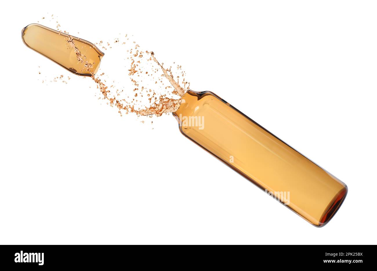 Open glass ampoule with pharmaceutical product on white background