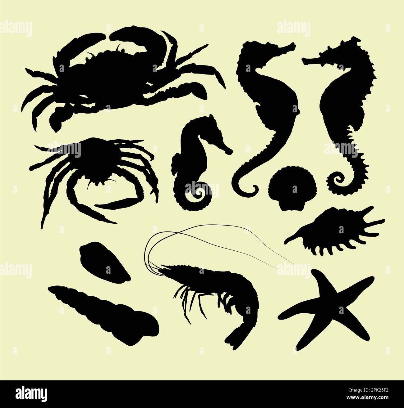 Seahorse, crab, prawn, and sea element silhouettes Stock Vector Image ...