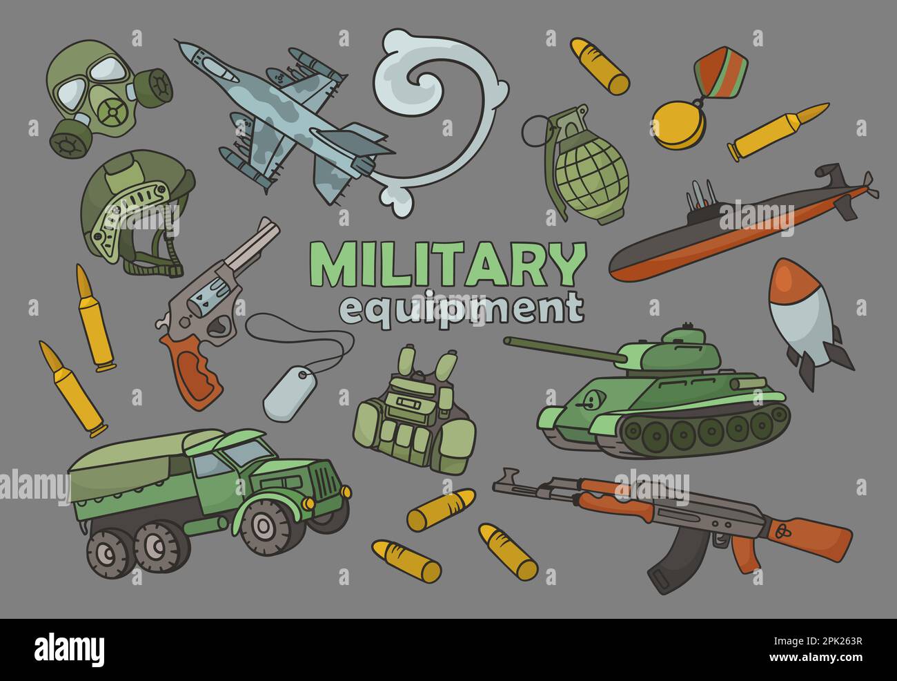 Colorful doodle military equipment cartoon illustration set Stock Vector