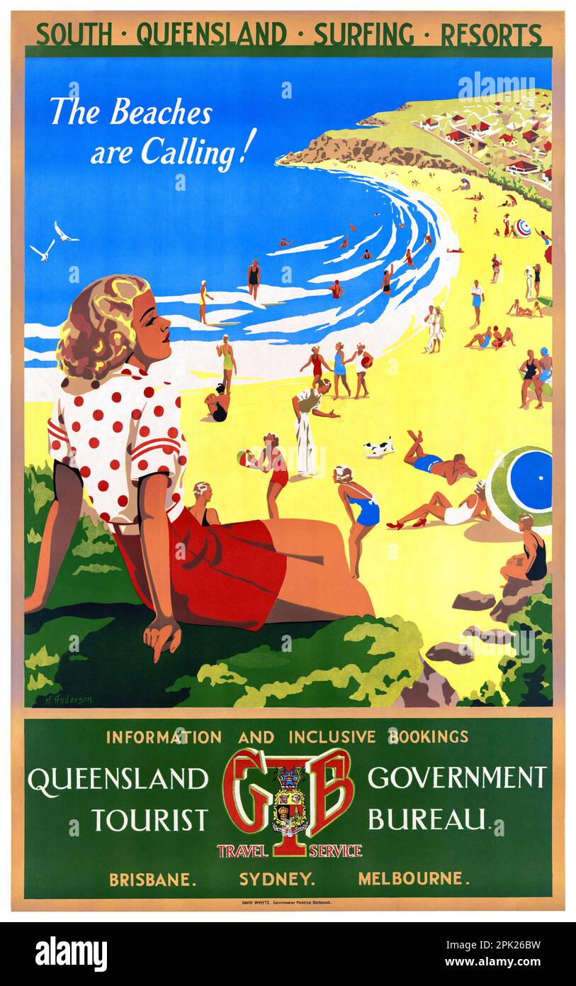 South Queensland surfing resorts. The beaches are calling by M. Anderson (dates unknown). Poster published in 1939 in Australia. Stock Photo