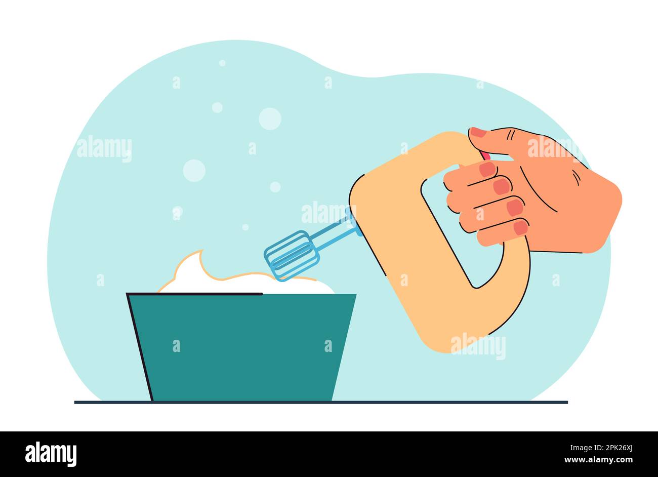 Bakers hand holding mixer with whisk for whipping cream in bowl Stock