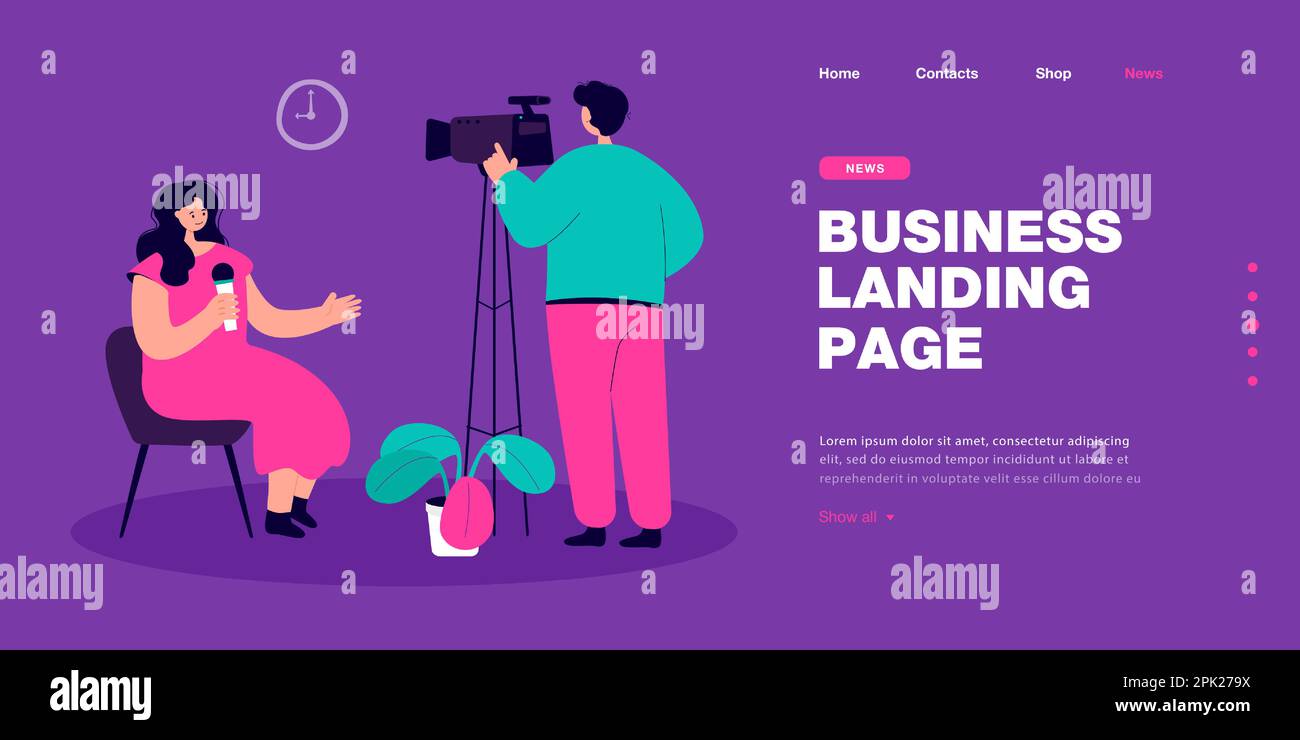 Cameraman shooting woman sitting on chair with mic Stock Vector Image