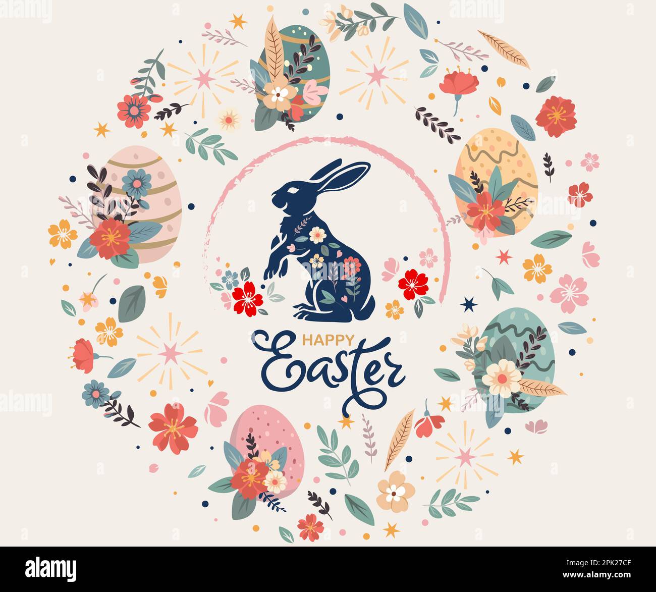 Poster with silhouettes of rabbits, spring flowers and colored eggs ...