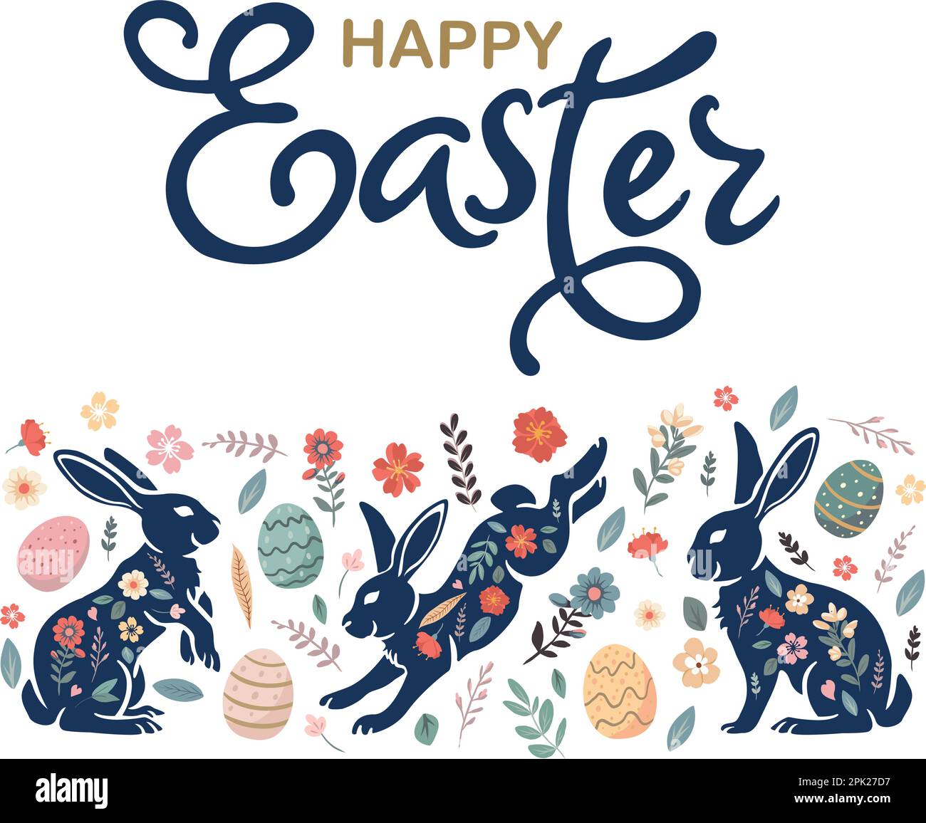 Poster with silhouettes of rabbits, spring flowers and colored eggs ...