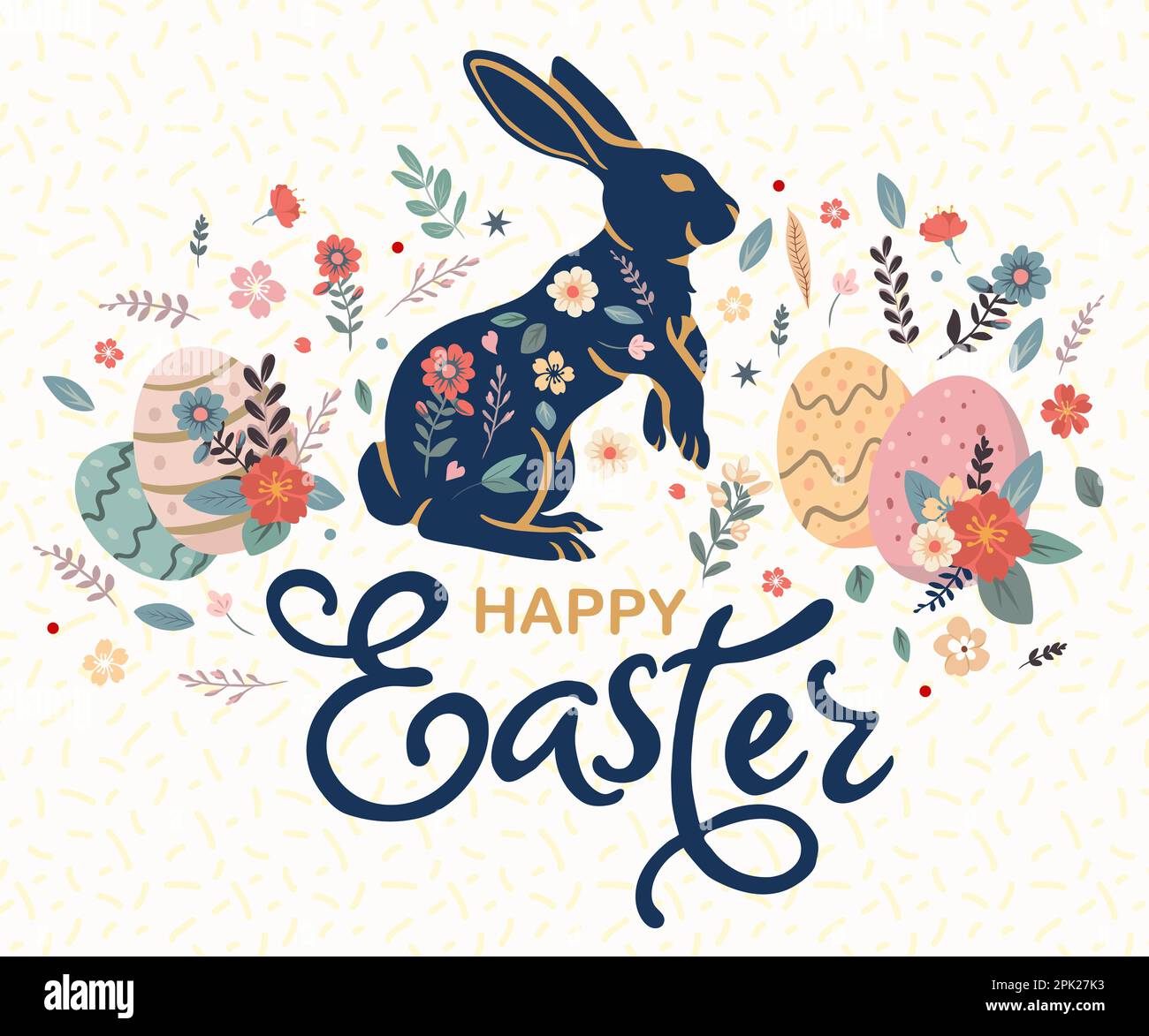 Poster with silhouettes of rabbits, spring flowers and colored eggs ...