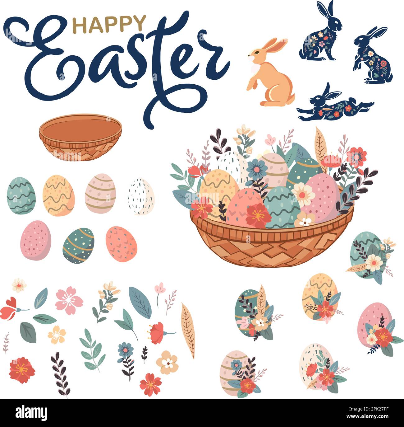 set for design of rabbits, spring flowers and colored eggs. Vector flat illustration. Holiday banner, flyer or congratulations voucher, brochure templ Stock Vector