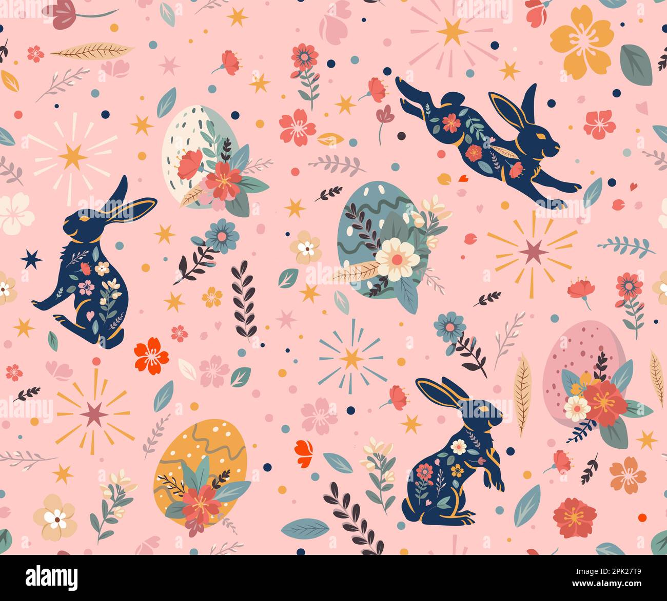 Happy Easter seamless pattern. Trendy Easter design with typography, hand drawn strokes and dots, eggs and bunny in pastel colors. Modern minimalist s Stock Vector