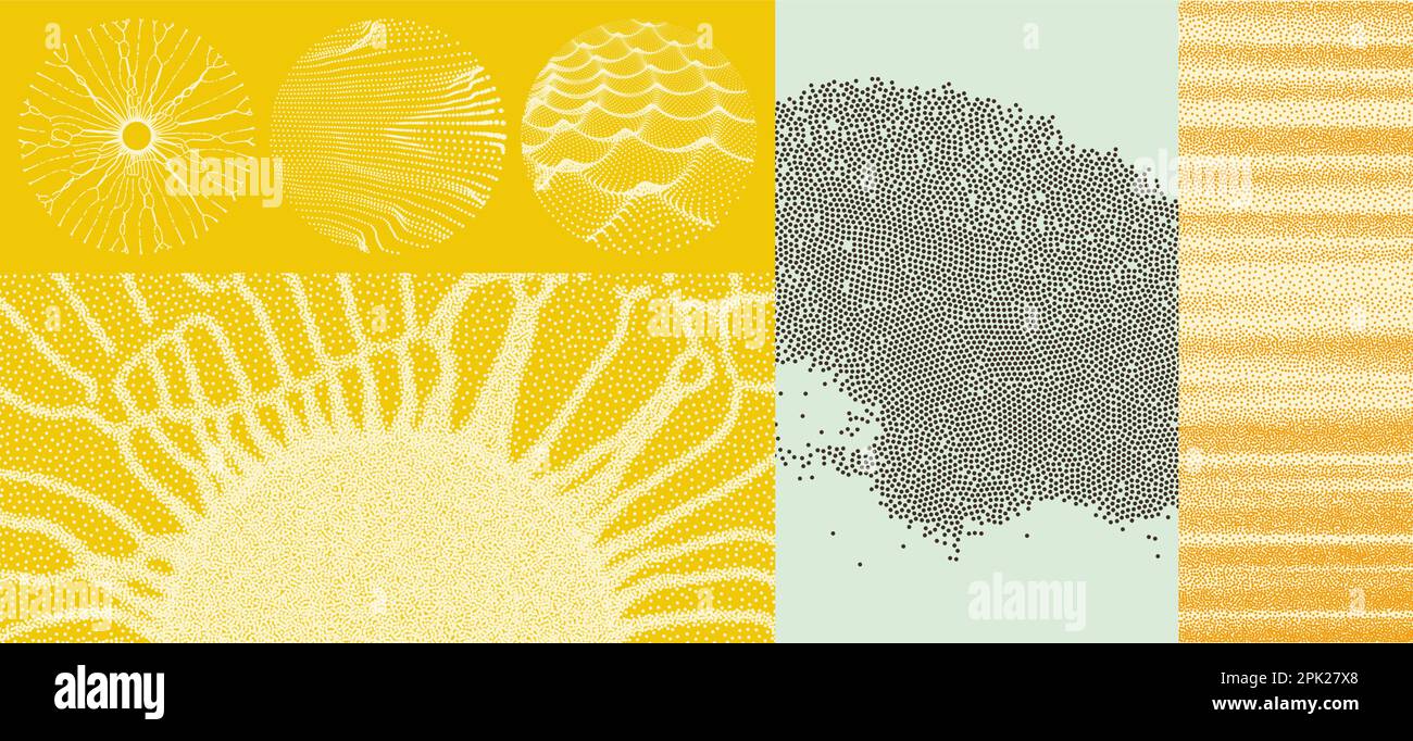 Solar or starlight emission. Backdrop with explosion. Array with dynamic emitted particles. Modern science and technology background. Chaotic dots in Stock Vector