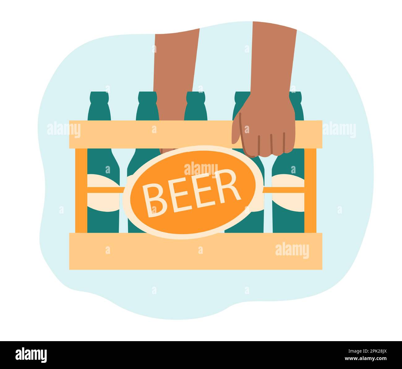 Bartenders or workers hands holding case with beer green bottles Stock Vector