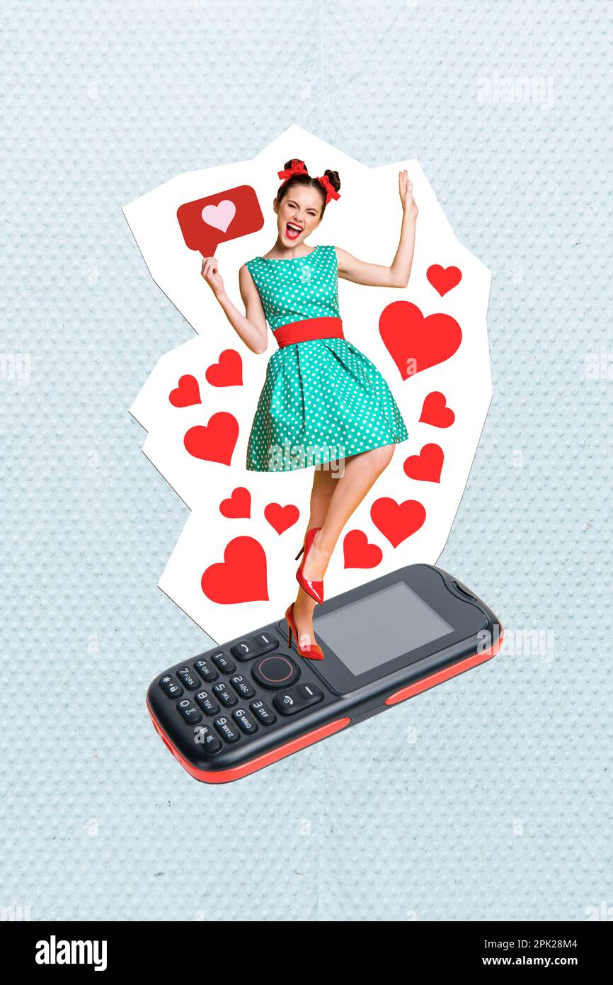 Vertical collage image of overjoyed mini girl hold like notification ...