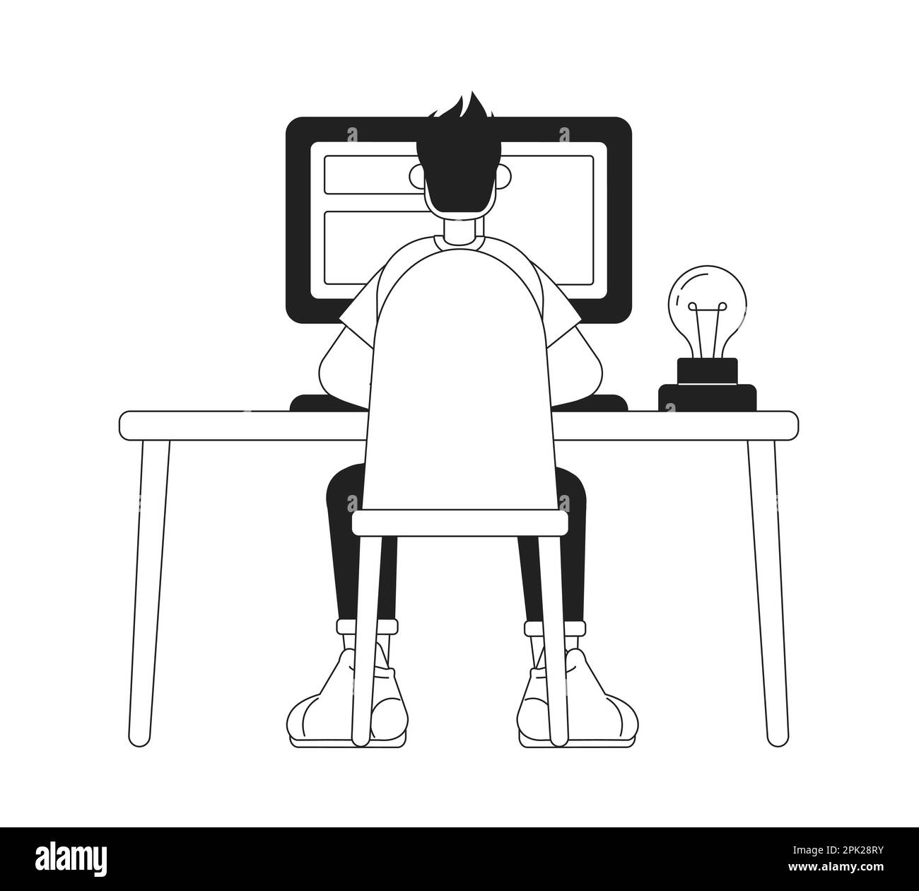 Guy sitting at table with computer monochromatic flat vector character ...