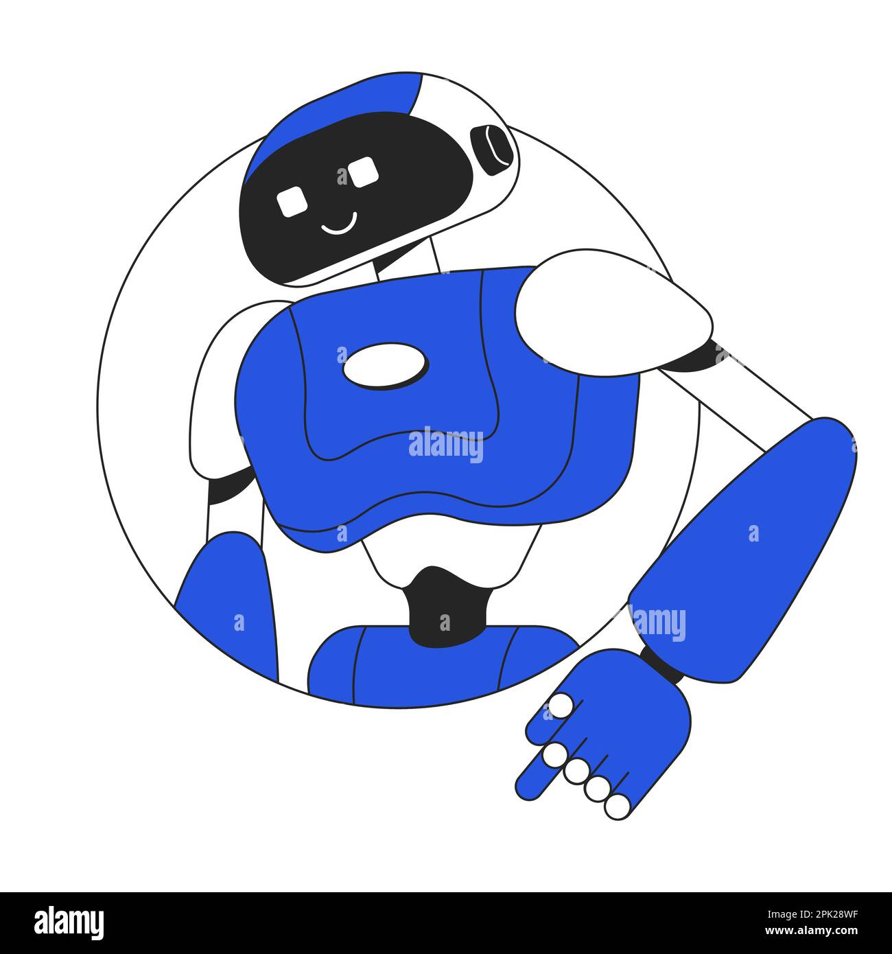 Dancing humanoid robot with smile linear flat color vector character avatar Stock Vector