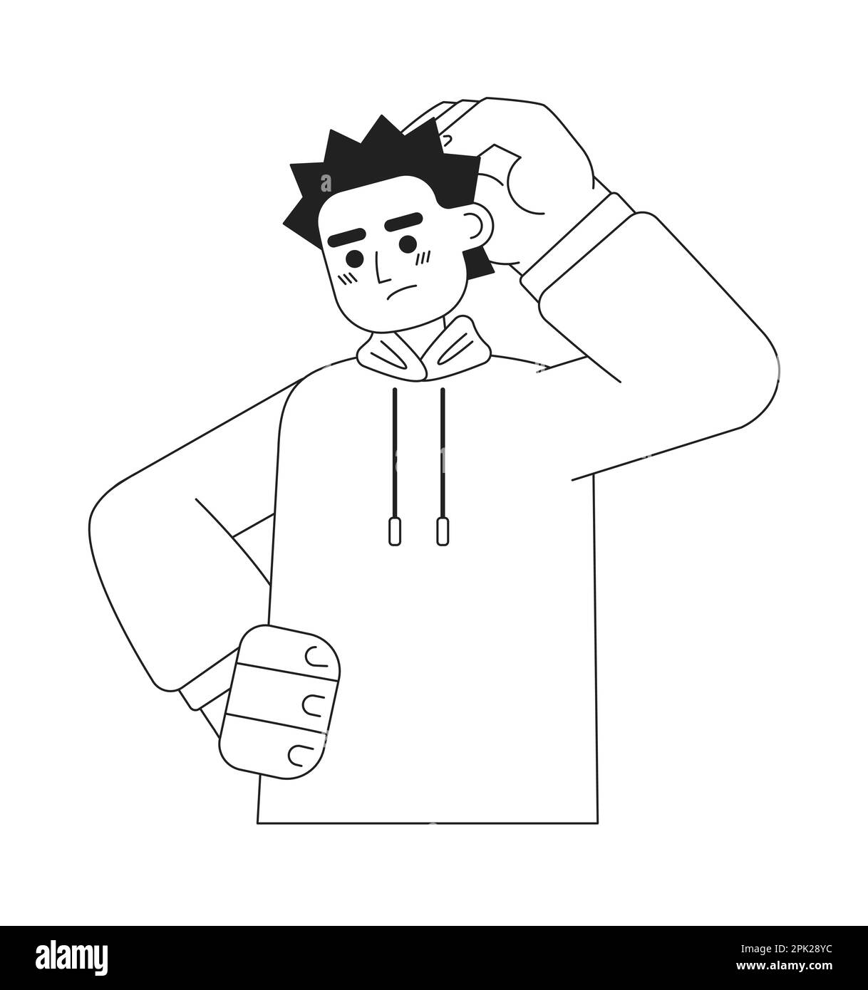Guy rubbing head in confusion monochromatic flat vector character Stock