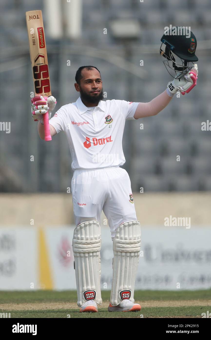 Bangladesh’s veteran batter Mushfiqur Rahim brought up his 10th Test ton during the Tigers’ lone Test against Ireland at the Sher-e-Bangla National St Stock Photo