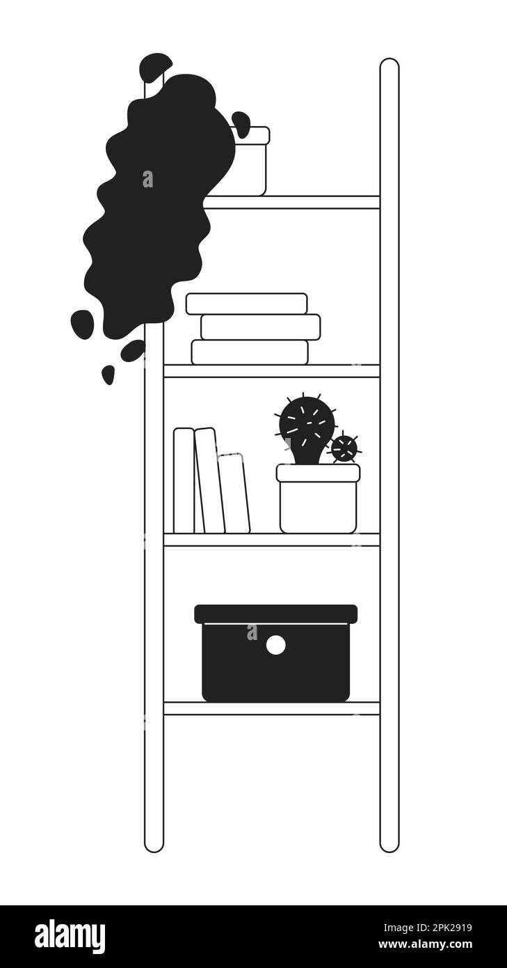 Ladder shelves with books and houseplants monochrome flat vector object Stock Vector
