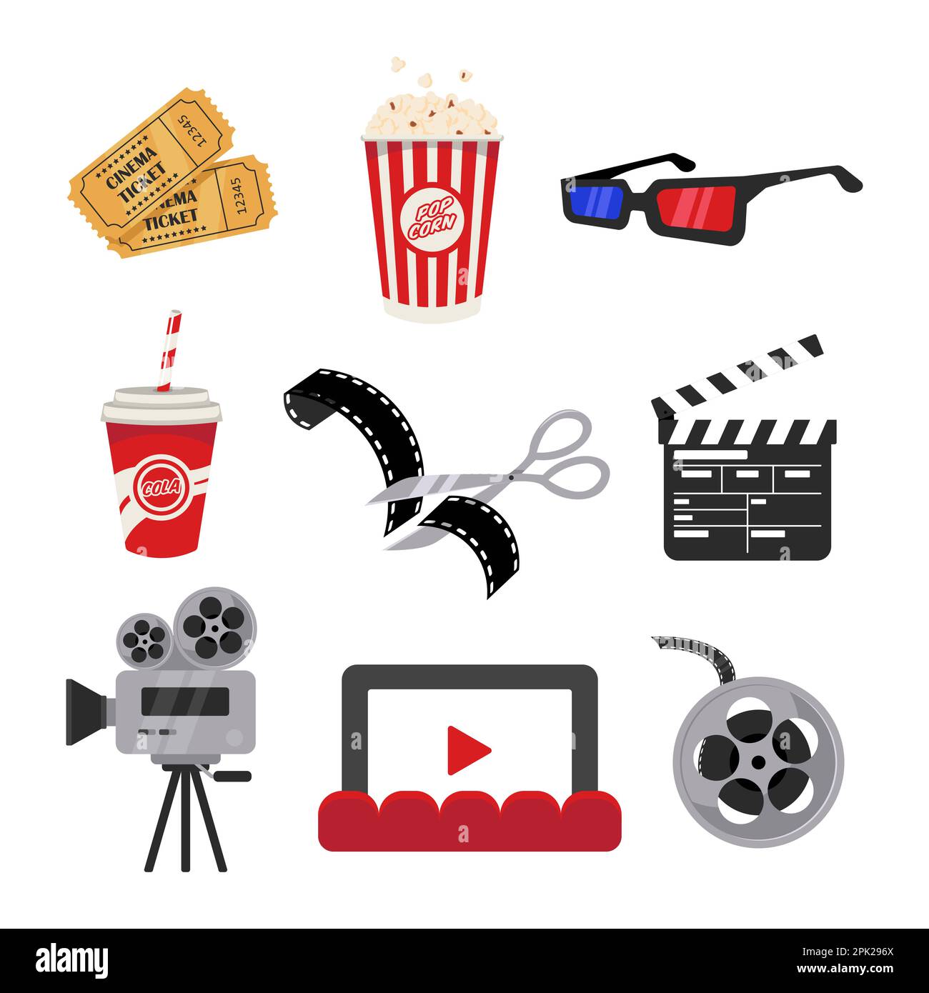 Different movie theater elements flat vector illustrations set Stock