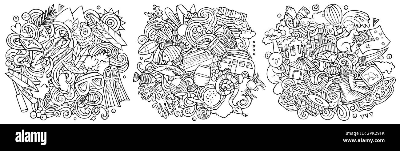 Australia cartoon vector doodle designs set. Sketchy detailed compositions with lot of traditional symbols. Isolated on white illustrations Stock Vector