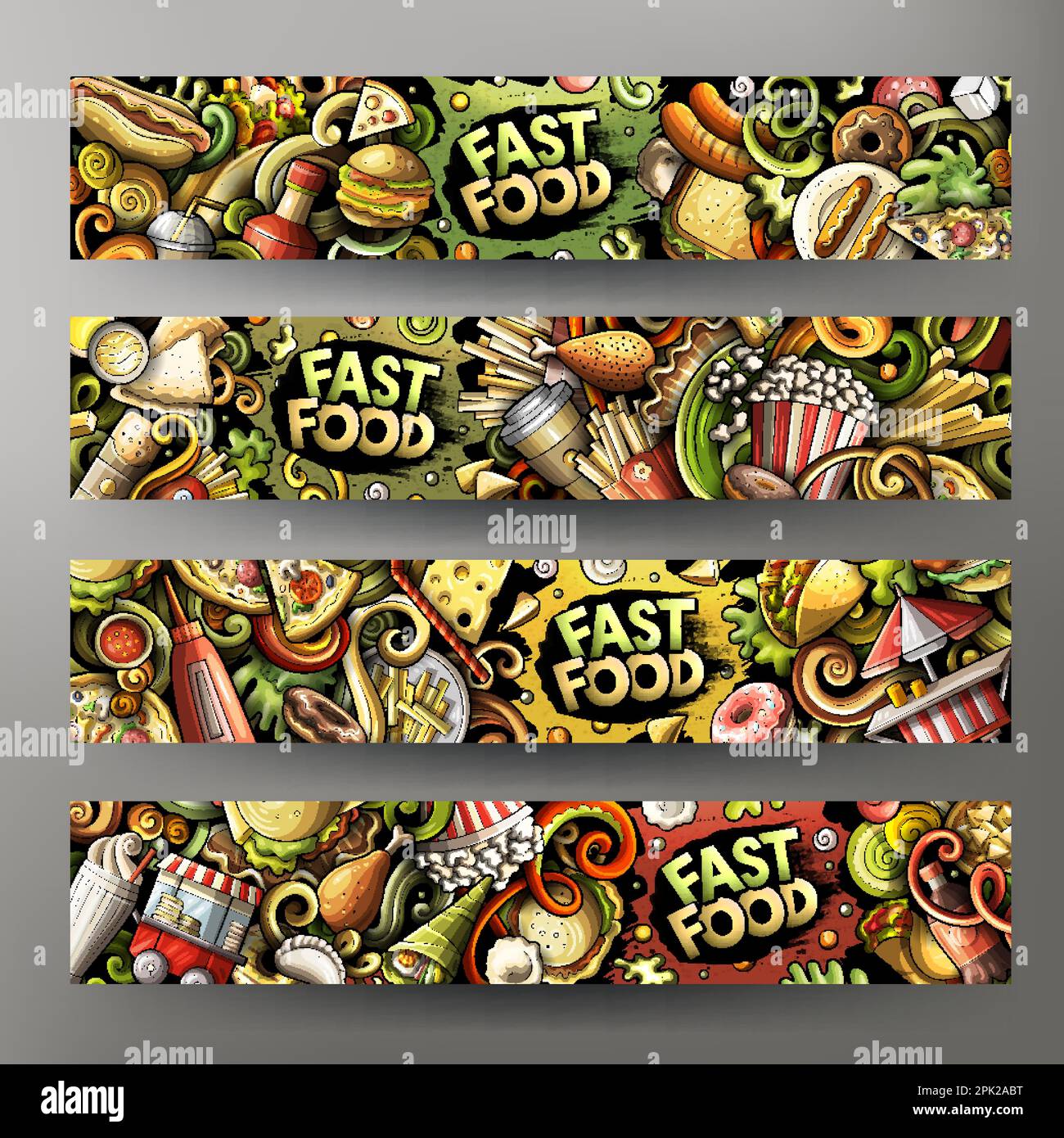 Fast food hand drawn doodle banners set. Cartoon detailed flyers ...