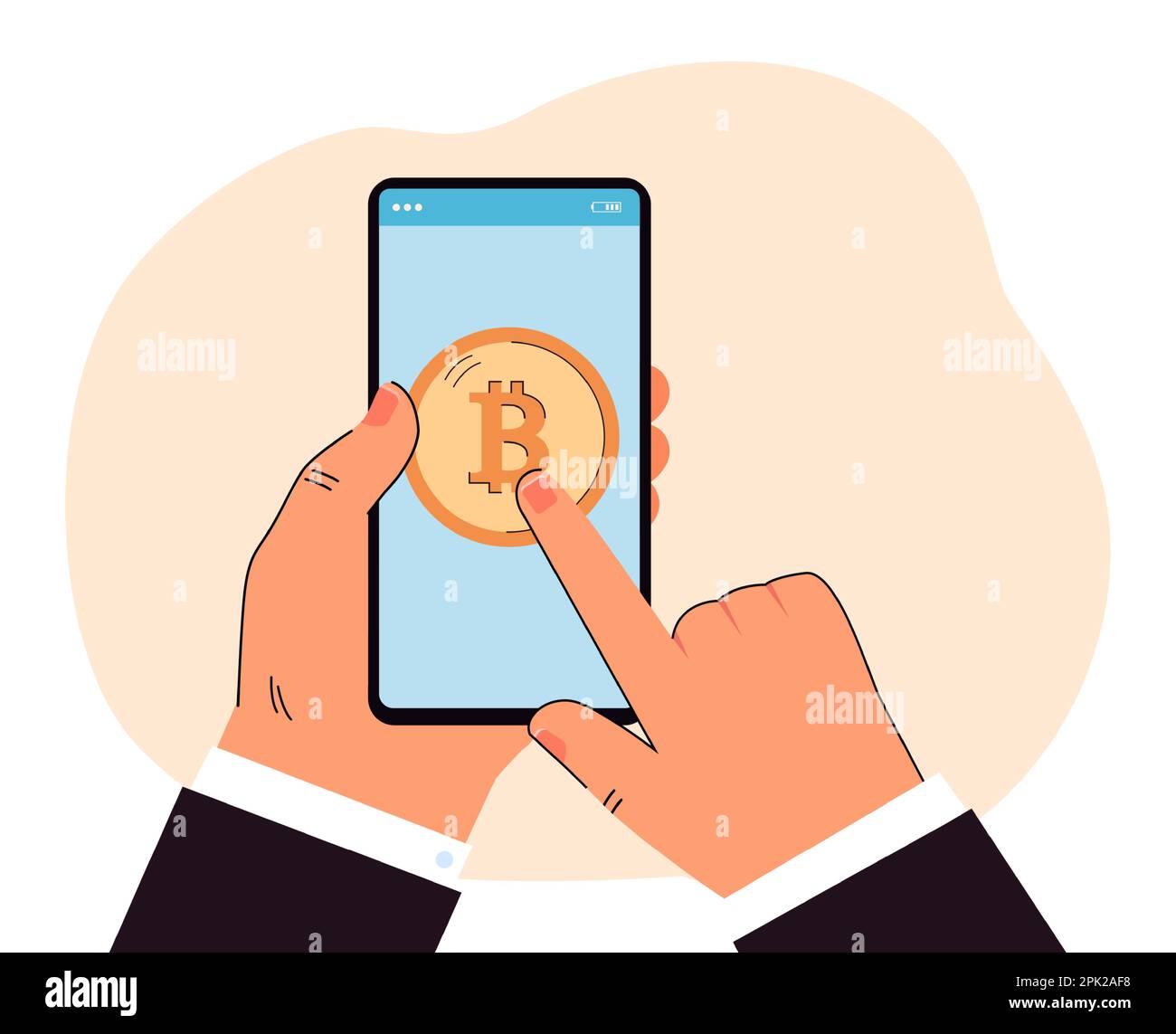 Finger of businessman touching bitcoin on mobile phone screen Stock Vector