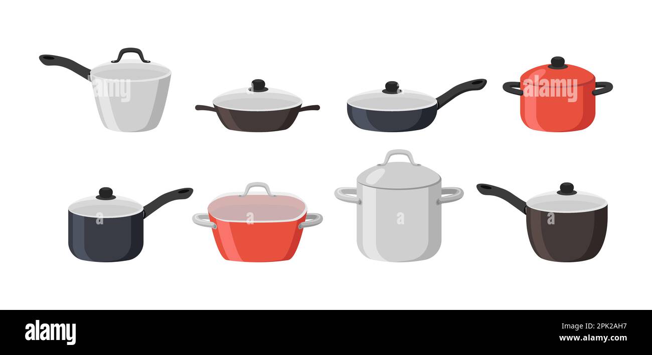 Frying pans and saucepans cartoon illustration set Stock Vector
