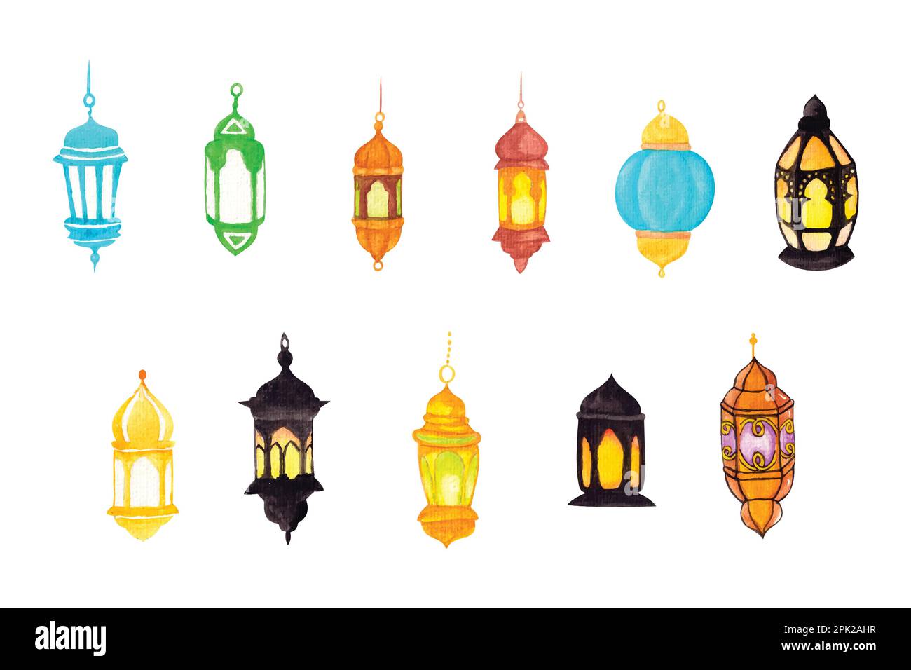 Some of the lanterns are hand drawn, hand drawn watercolor vector illustration for greeting card or invitation design Stock Vector