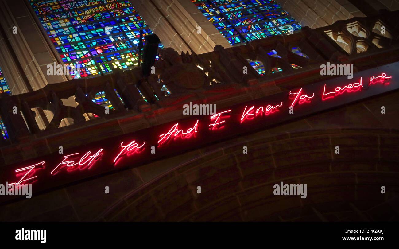 Tracey Emin - I felt you and I know you loved me , in pink neon, Liverpool Anglican Cathedral, St James' Mount, Liverpool, England, UK, L1 7AZ Stock Photo