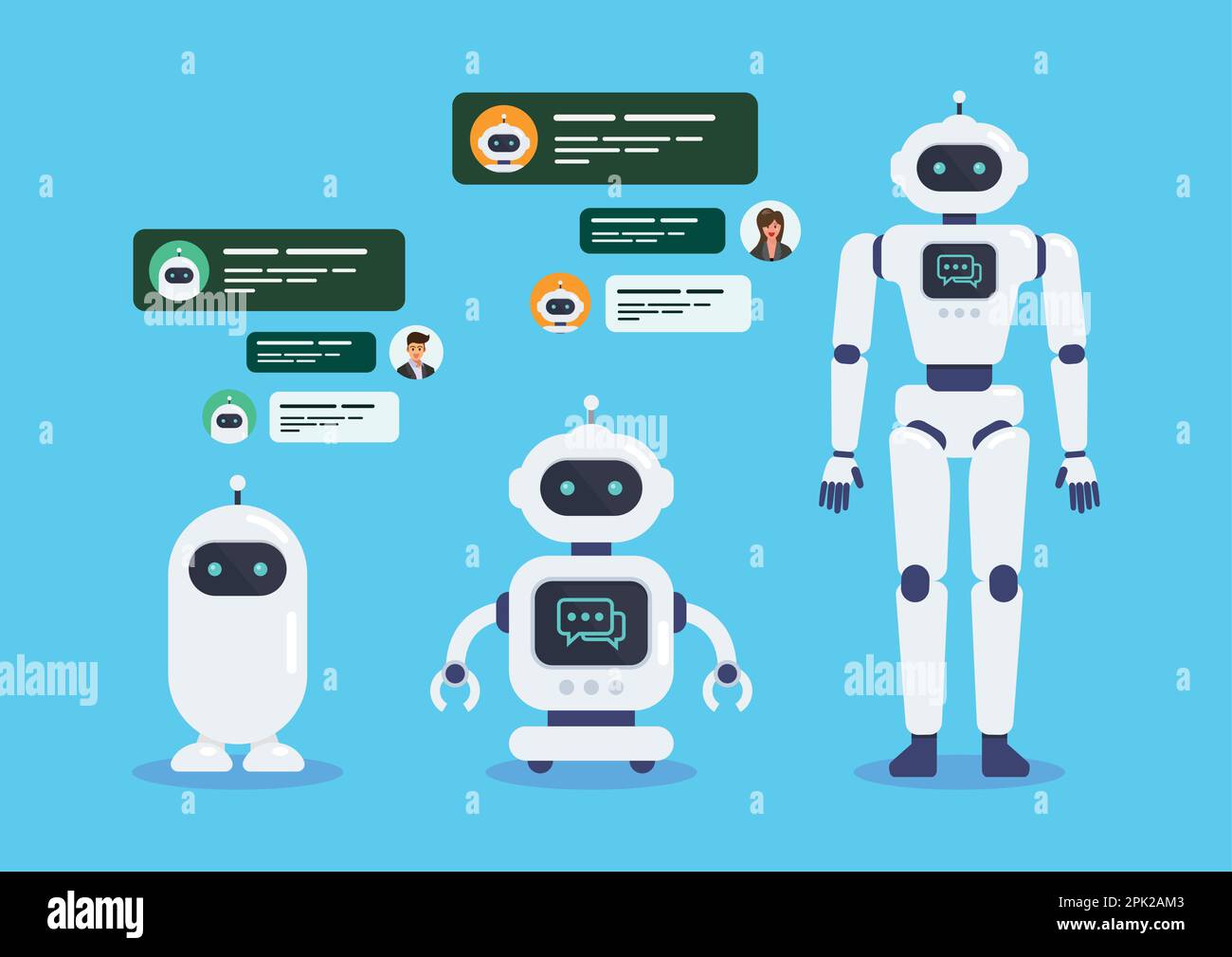 Android Robots Artificial intelligence chat bot. Cyborg Technology and Futuristic Intelligence Machine. Graphic design in flat style Stock Vector