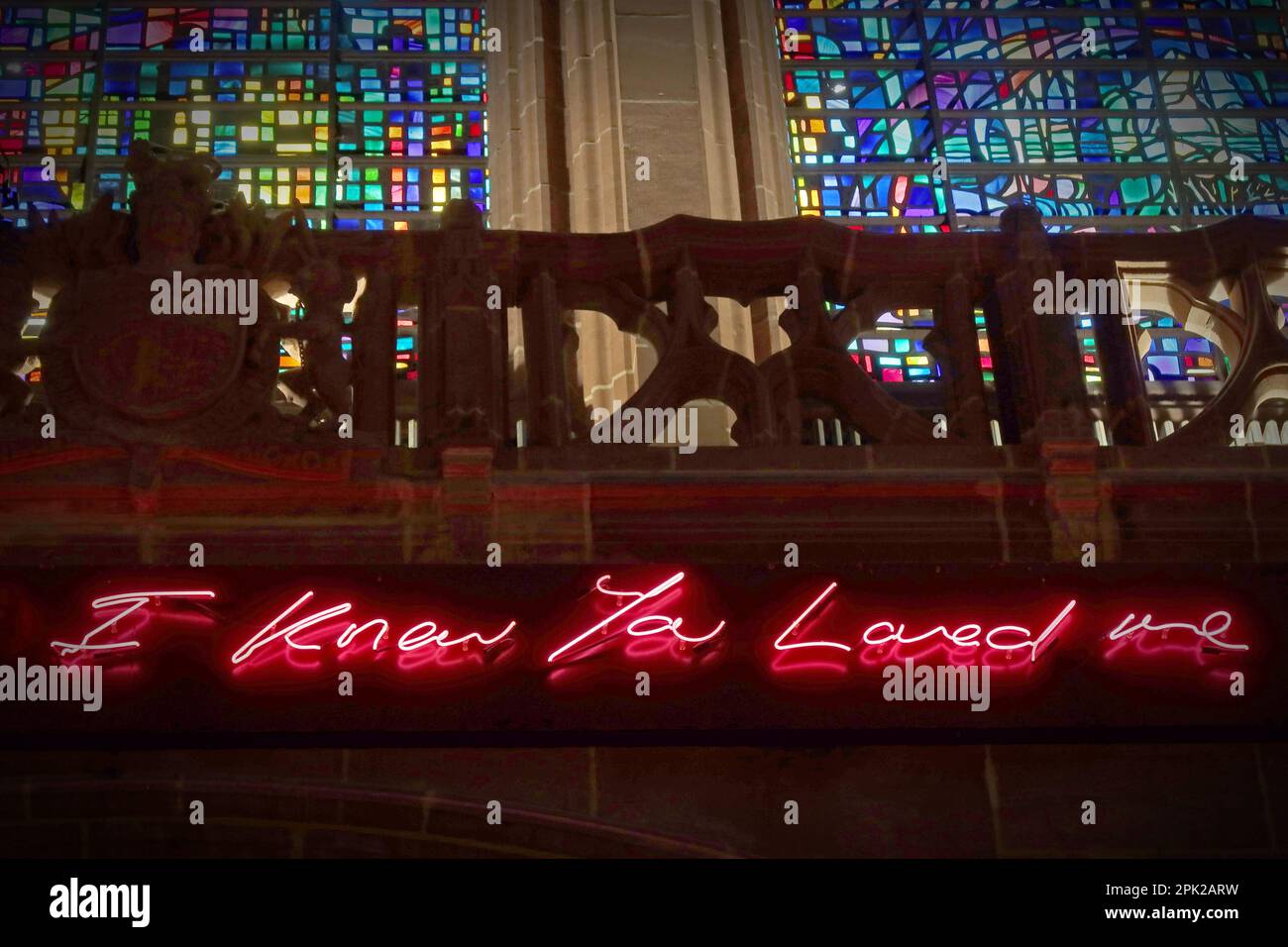 Tracey Emin - I knew you loved me, neon words at Liverpool Anglican Cathedral, St James' Mount, Liverpool, Merseyside, England, UK, L1 7AZ Stock Photo