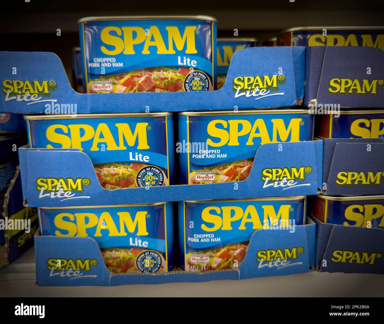 Tins of Spam Lite, chopped pork and ham, licensed by Hormel Foods Stock Photo