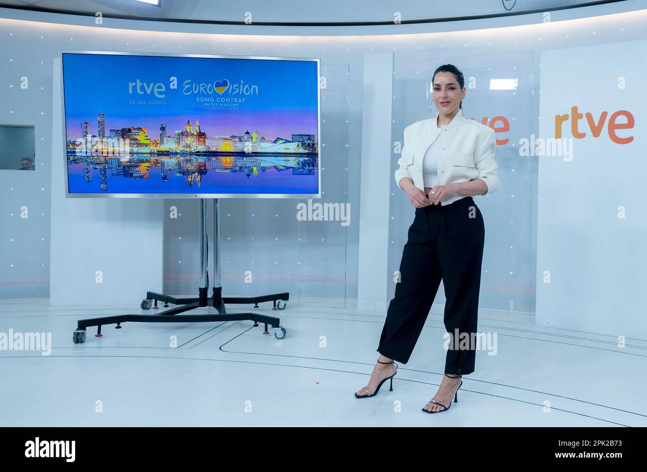 Singer Ruth Lorenzo poses after a press junket about Eurovision 2023 ...