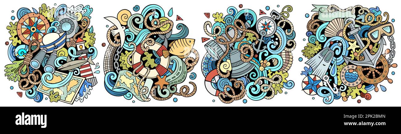 Nautical cartoon vector doodle designs set. Colorful detailed compositions with lot of maritime objects and symbols. Isolated on white illustrations Stock Vector