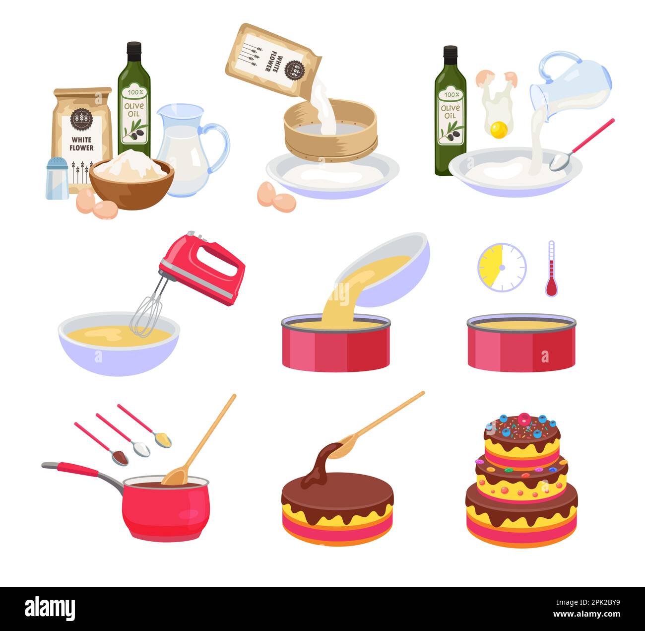 Cake preparation steps cartoon illustration set Stock Vector