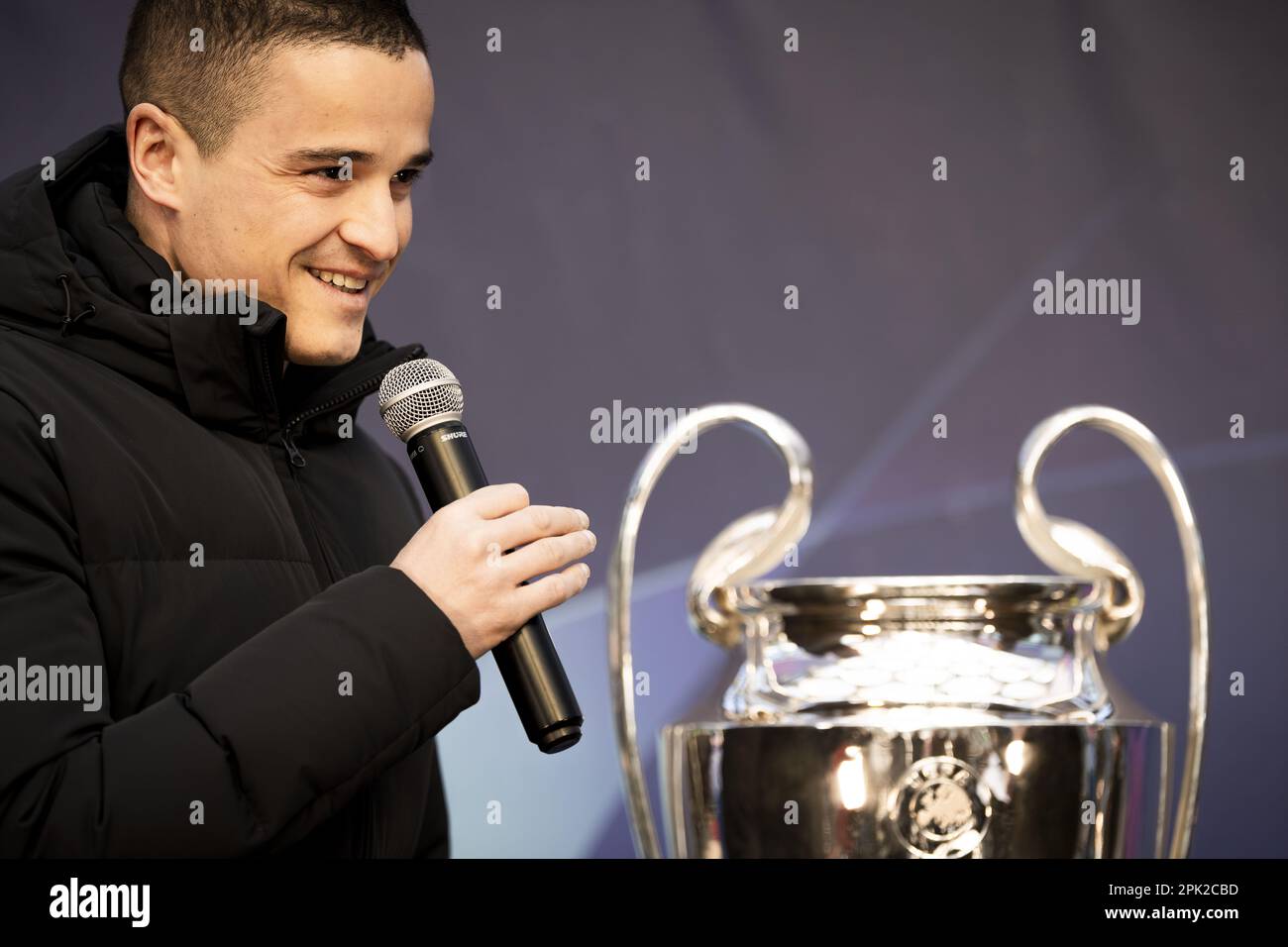 UTRECHT - 05/04/2023, Former professional football player Ibrahim Afellay reveals the official trophies of the Champions League. The cups will be awarded in June at the Champions League finals for women and men. ANP FREEK VAN DEN BERGH netherlands out - belgium out Stock Photo