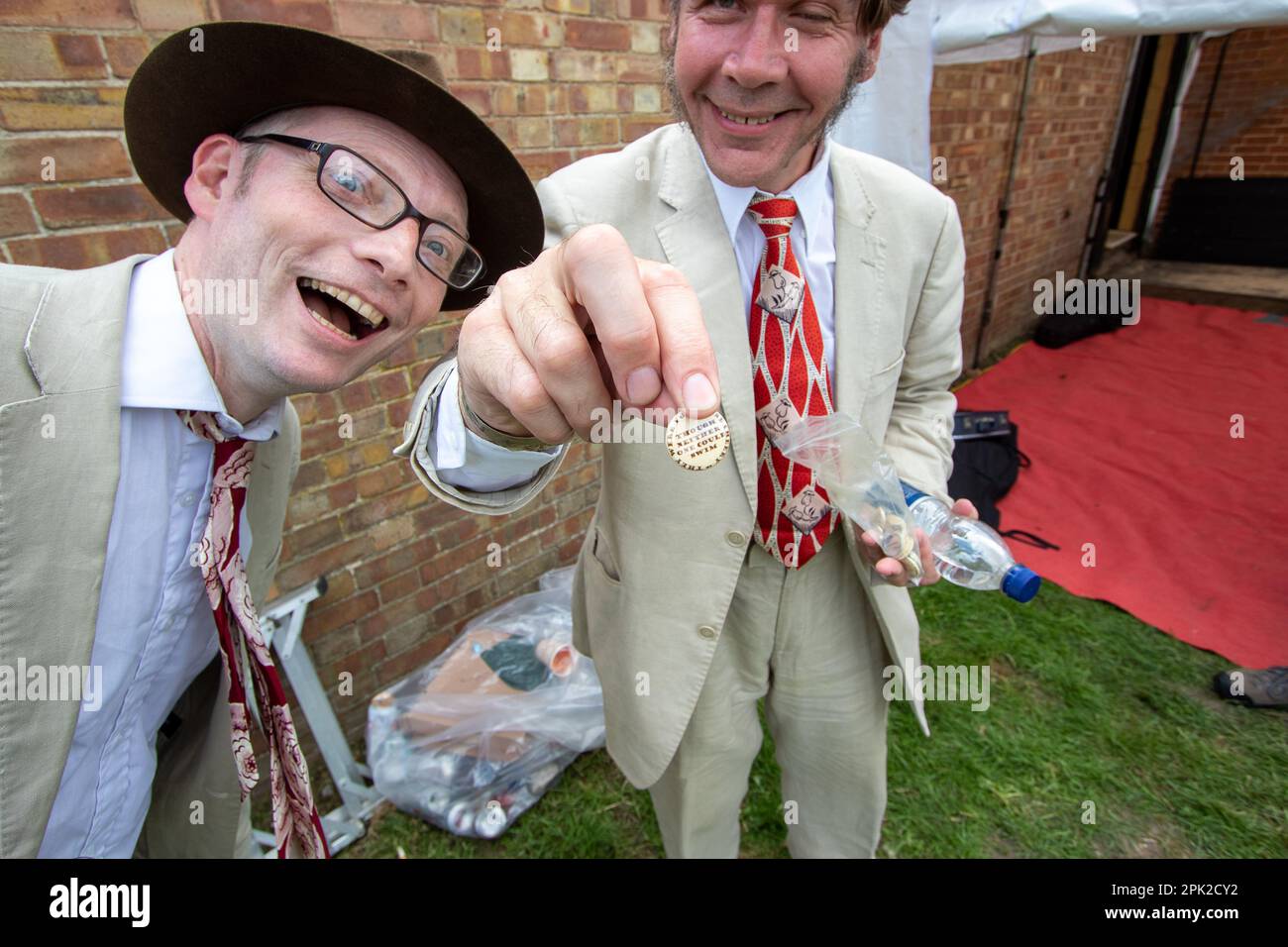 The duo Henry Brothers with one of their badges saying 'They were both