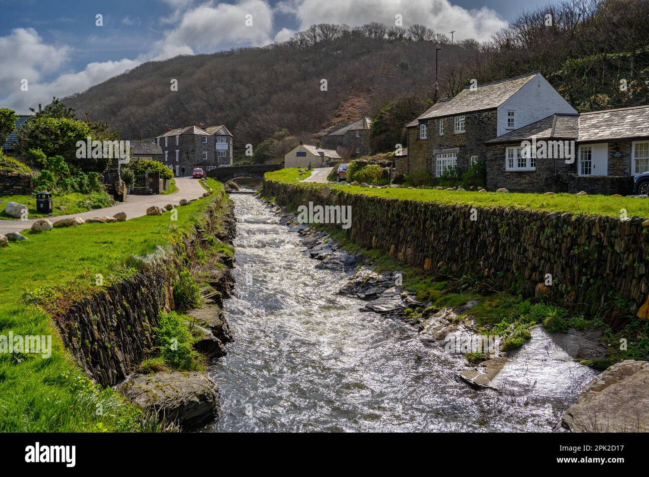 The river Valency flowing through the centre of Boscastle, Cornwall. Stock Photo