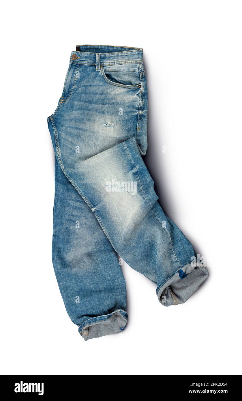 Blue jeans isolated on white background. Top view. With clipping path. Stock Photo